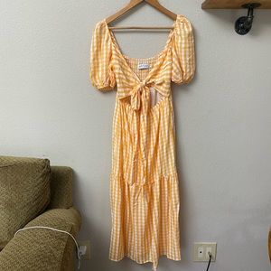 PETAL AND PUP orange and white gingham puff sleeve tiered maxi dress cutout tie